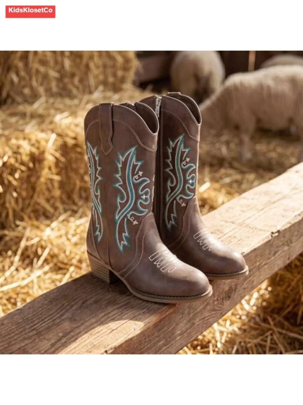 Girls Cowboy Boots Mid Calf Zipper Embroidery Western Riding Boots